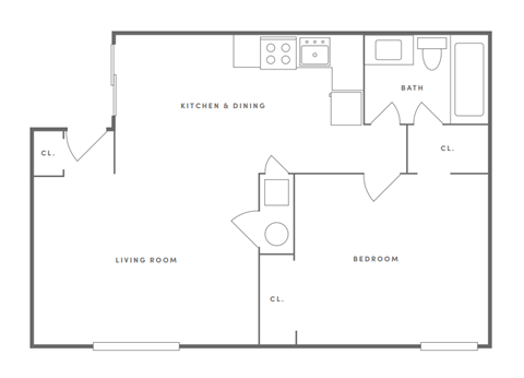 Floor plan for 1 bed, 1 bath, 650 sqft